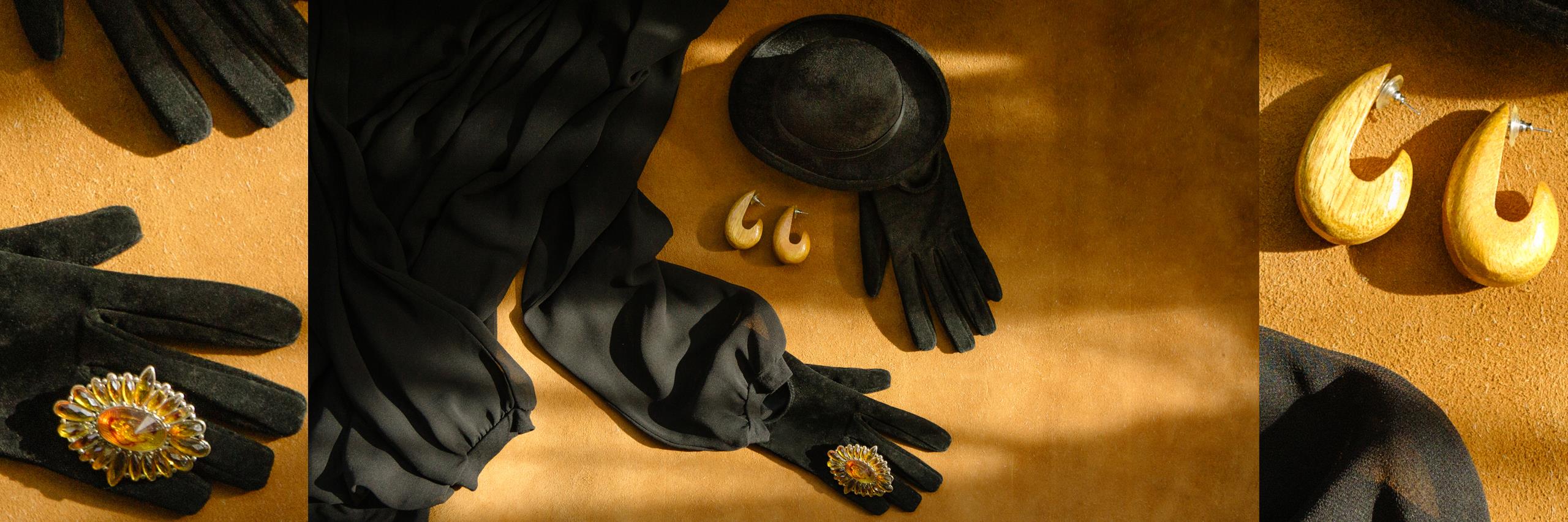 czarne rękawiczki kapelusz drewniane kolczyki